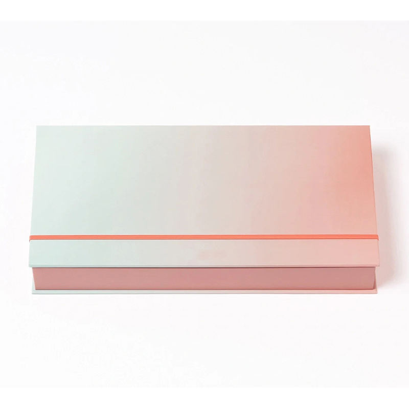 Closed pastel cosmetic presentation box with a pink band across the lid