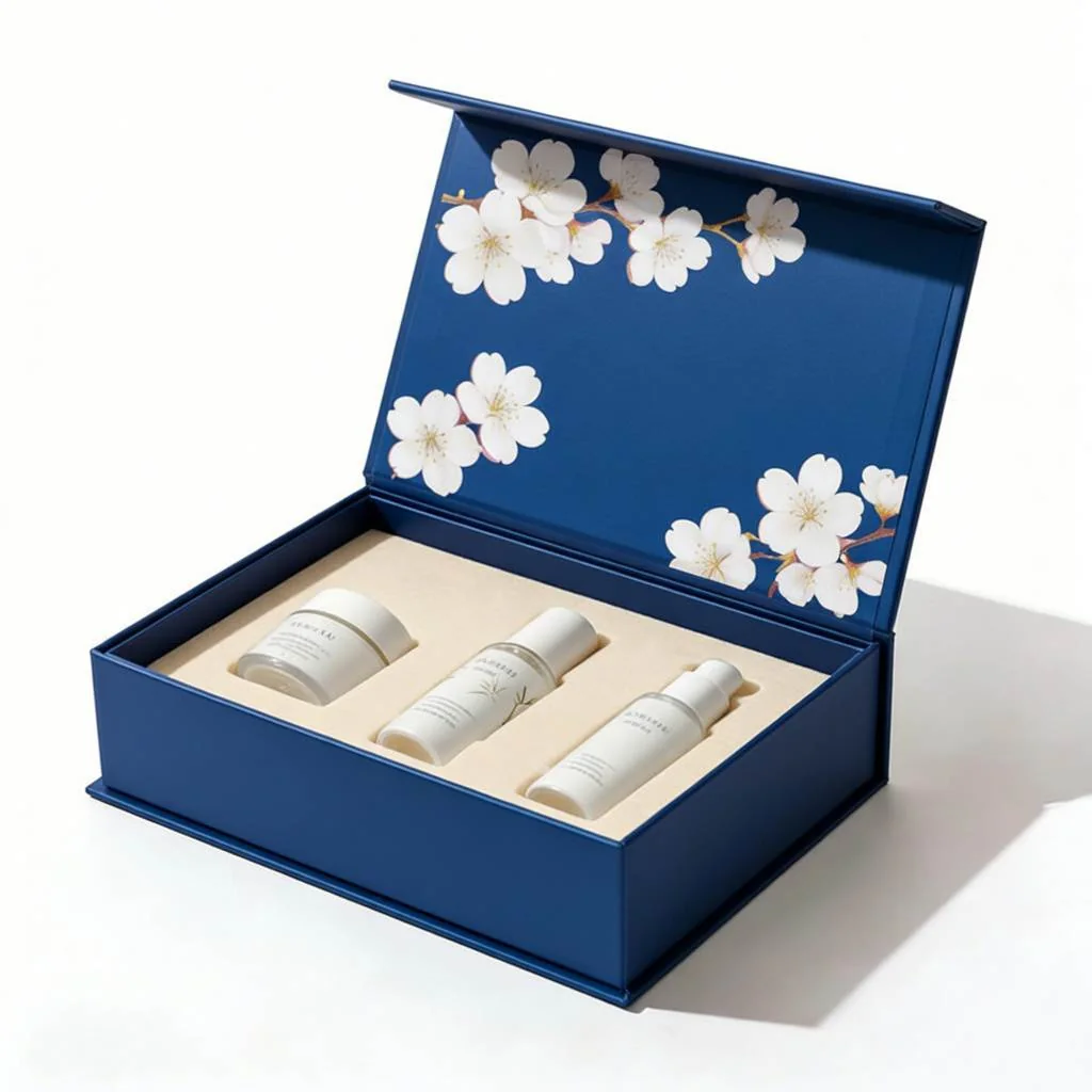 Blue magnetic closure rigid box with flocked blister insert