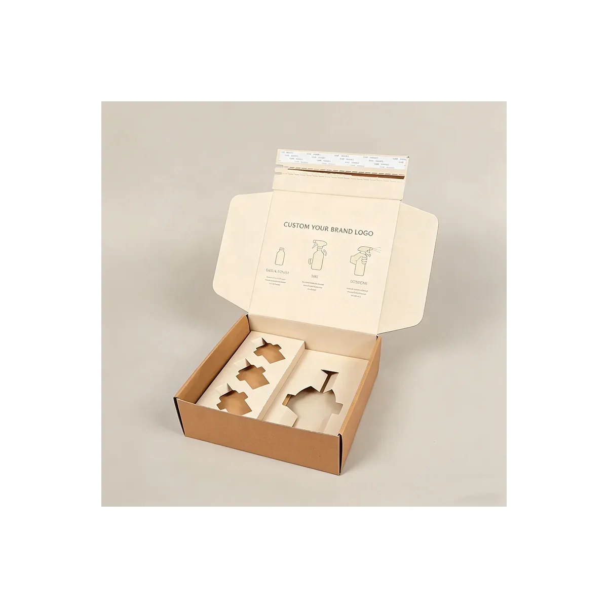 Open kraft corrugated mailer box with a die-cut paperboard insert