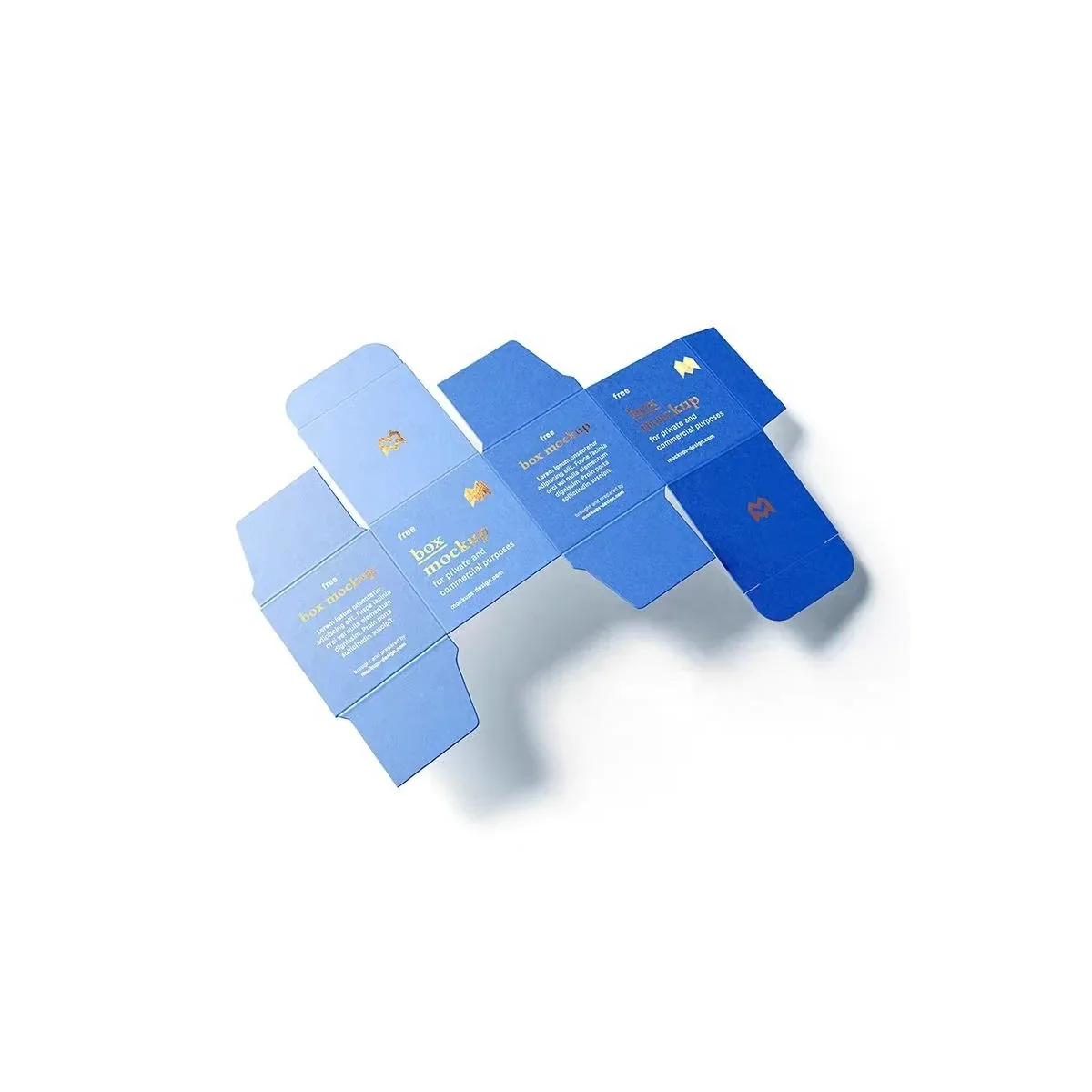 Blue tuck-end folding carton shown as a flat layout