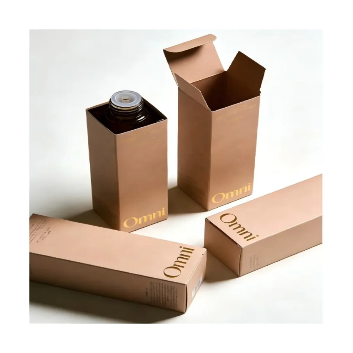 Printed tuck-end carton shown open with a product container