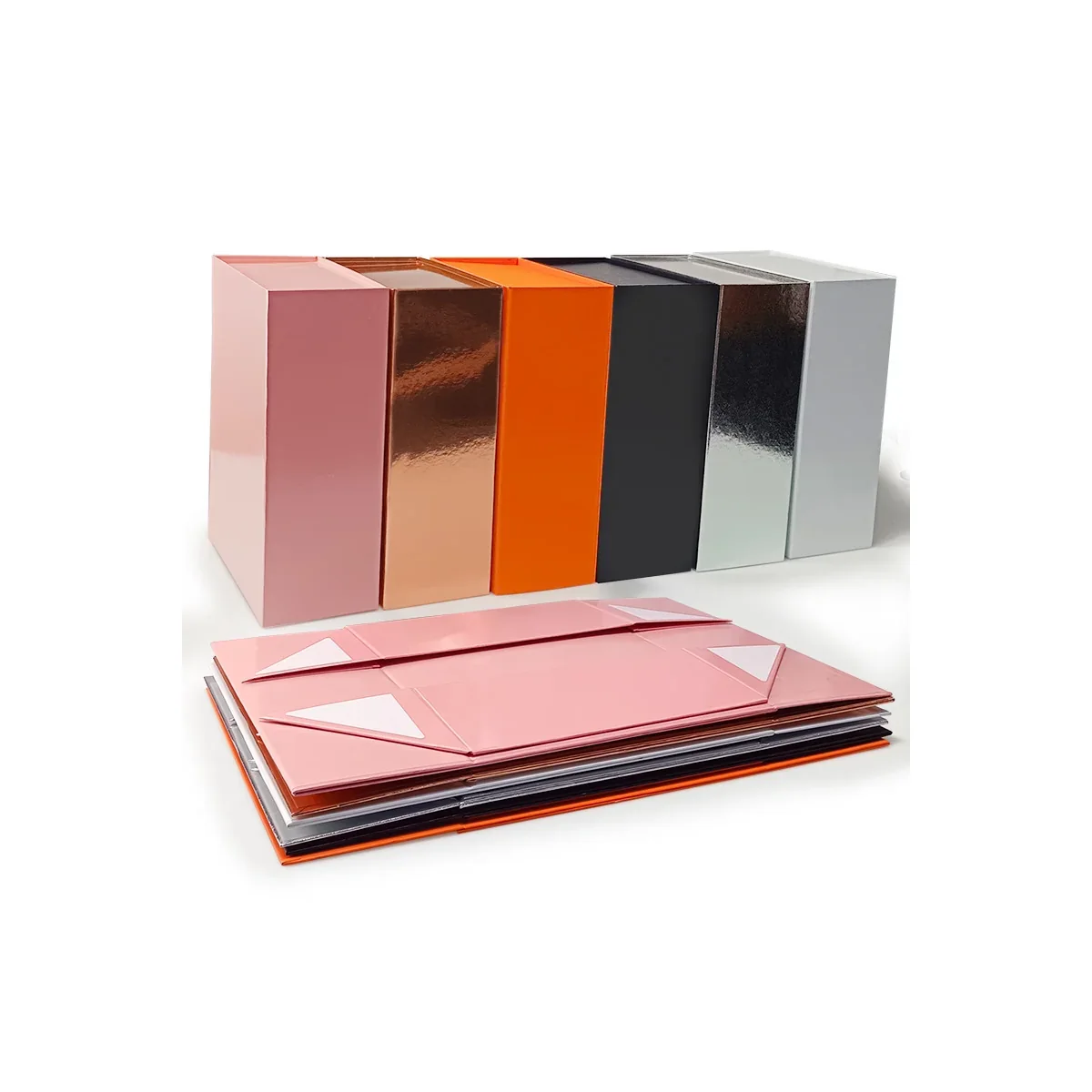 Foldable rigid boxes shown flat and assembled