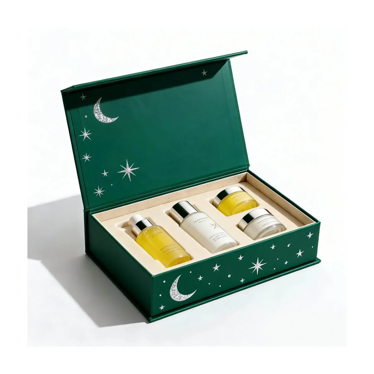 Open green magnetic rigid box with a flocked blister insert