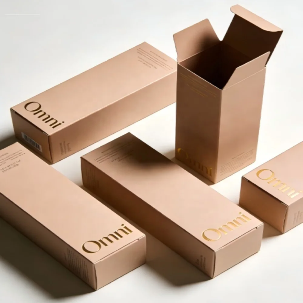 Rose-gold folding carton boxes shown open and closed