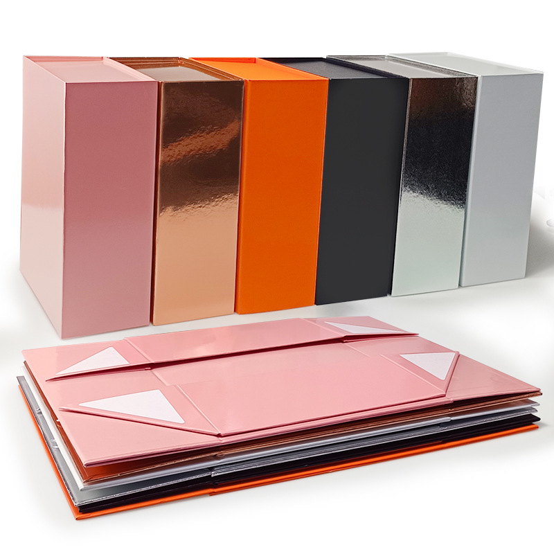 Foldable rigid boxes shown flat and assembled in multiple colors