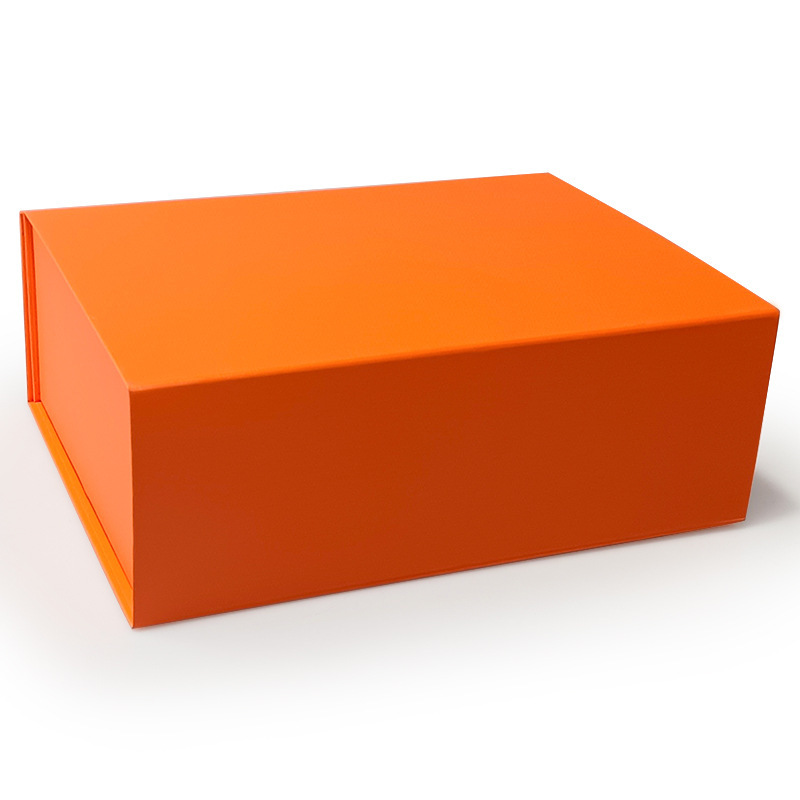Closed orange foldable rigid box viewed from the front corner