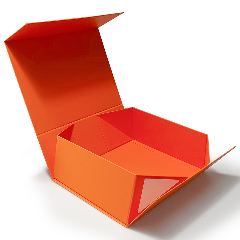 Open orange foldable rigid box showing foldable side and corner structure