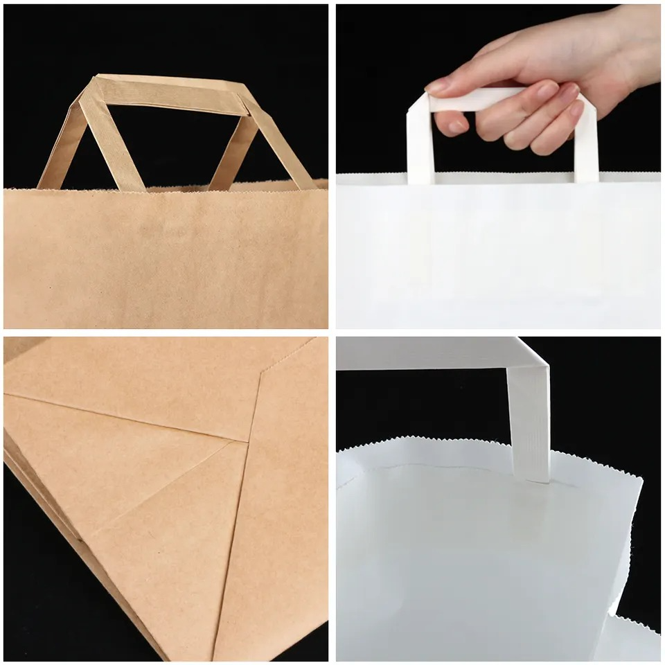 Close-up collage of brown and white paper bags showing flat paper handles and folded bases