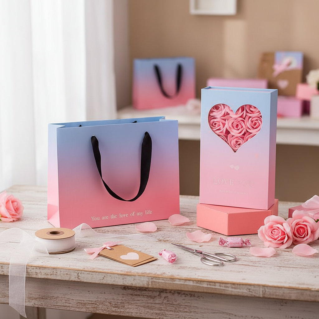 Pink and blue gift bag with black ribbon handles beside a matching window gift box