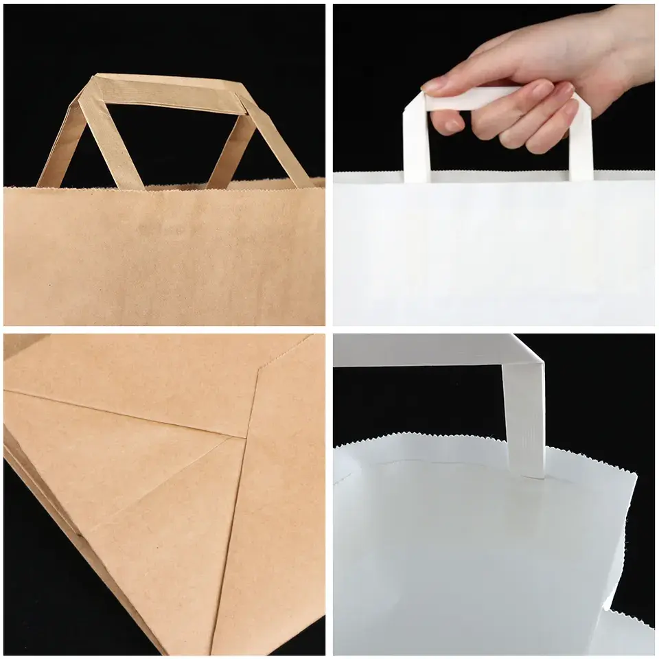 Views of flat paper bag handles, handle fixing and paper bag bottom folds