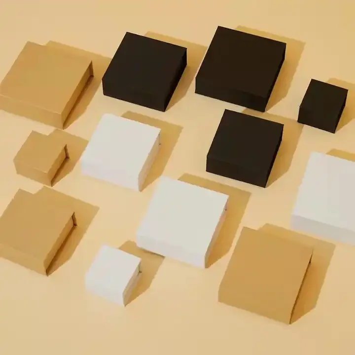 Small black, white and brown rigid lift-off lid gift boxes, jewelry packaging style reference