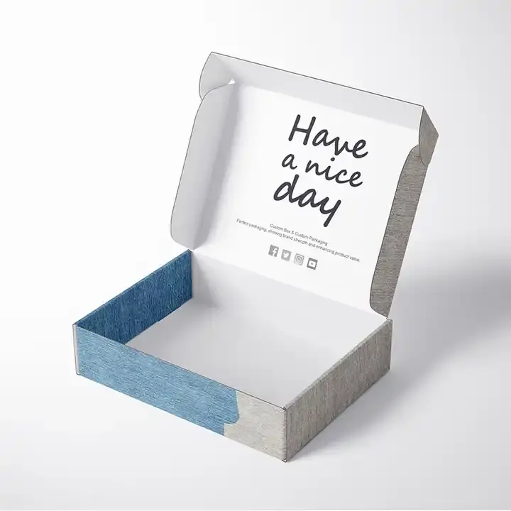 Open corrugated mailer with an interior printed message and blue exterior panel