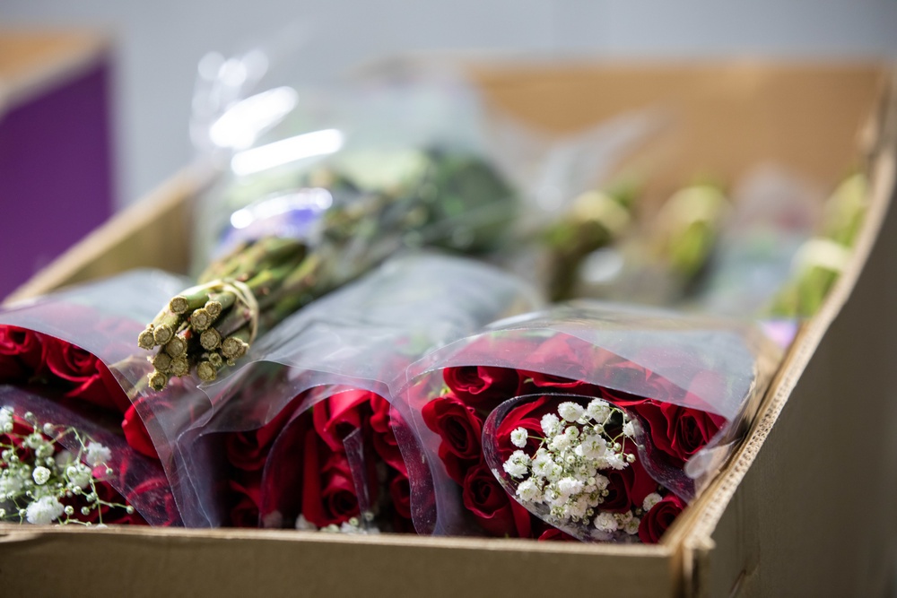 Sleeved cut flowers packed in an open corrugated transport carton during inspection in Miami, 2020; industry reference photo