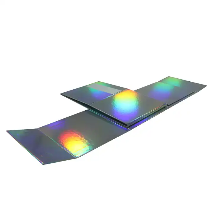 Flat dark presentation-box panels showing an iridescent reflective surface effect