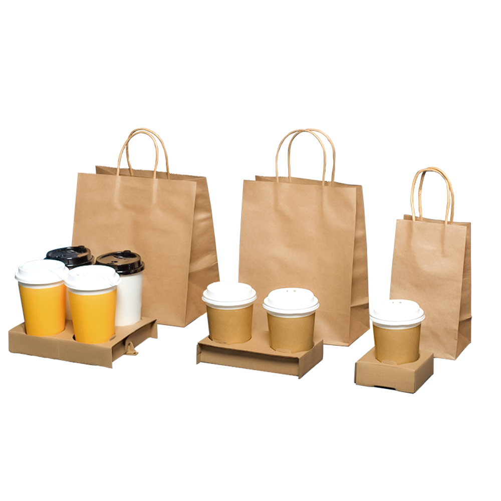 Kraft paper bags with twisted paper handles shown with takeaway coffee cup carriers