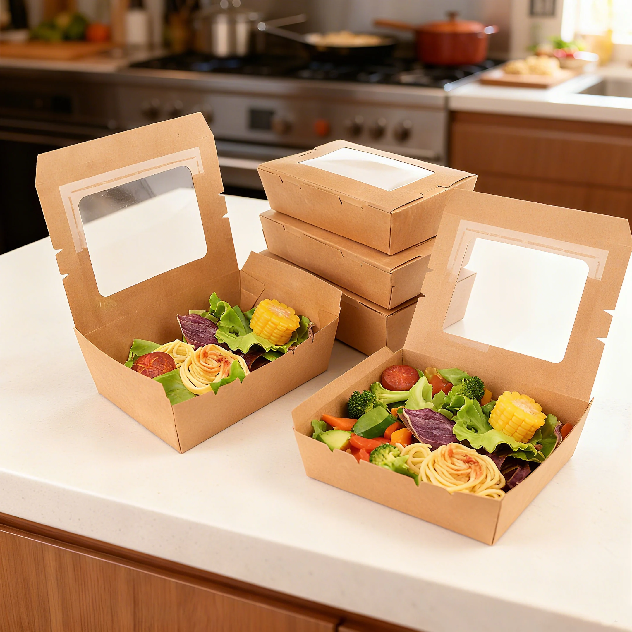 Kraft window-lid takeaway cartons shown with prepared food