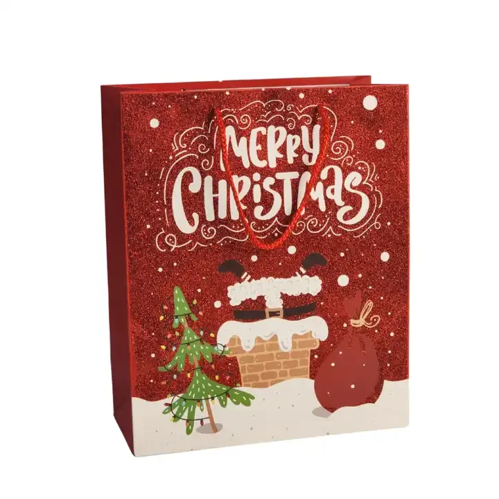 Red Christmas paper gift bag with red cord handles, white lettering and holiday illustrations