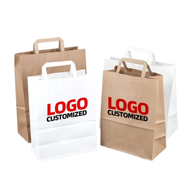 Brown and white paper shopping bags with flat paper handles and custom logo print examples