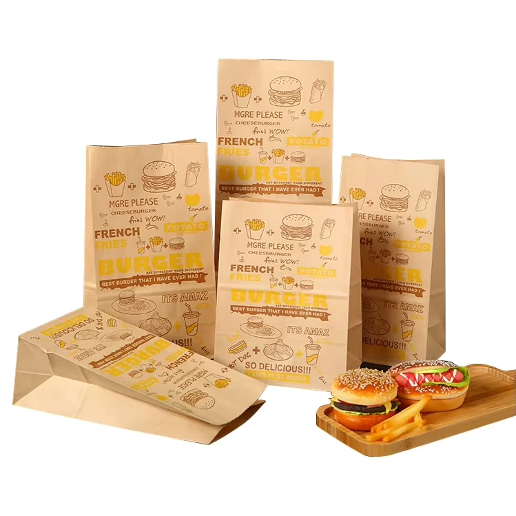 Printed square-bottom kraft paper bags in several sizes without handles