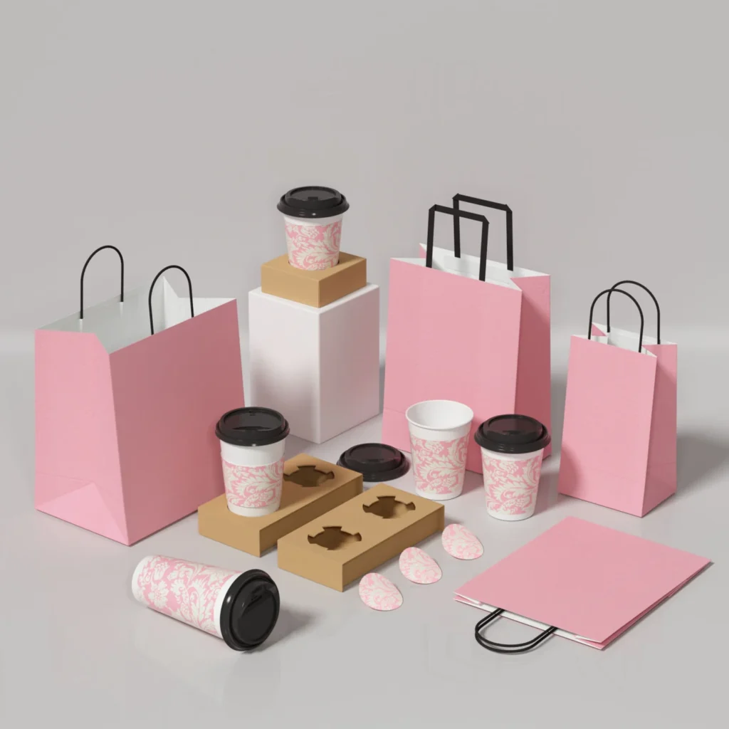 Pink paper shopping bags with black handles displayed with matching takeaway coffee cups and lids