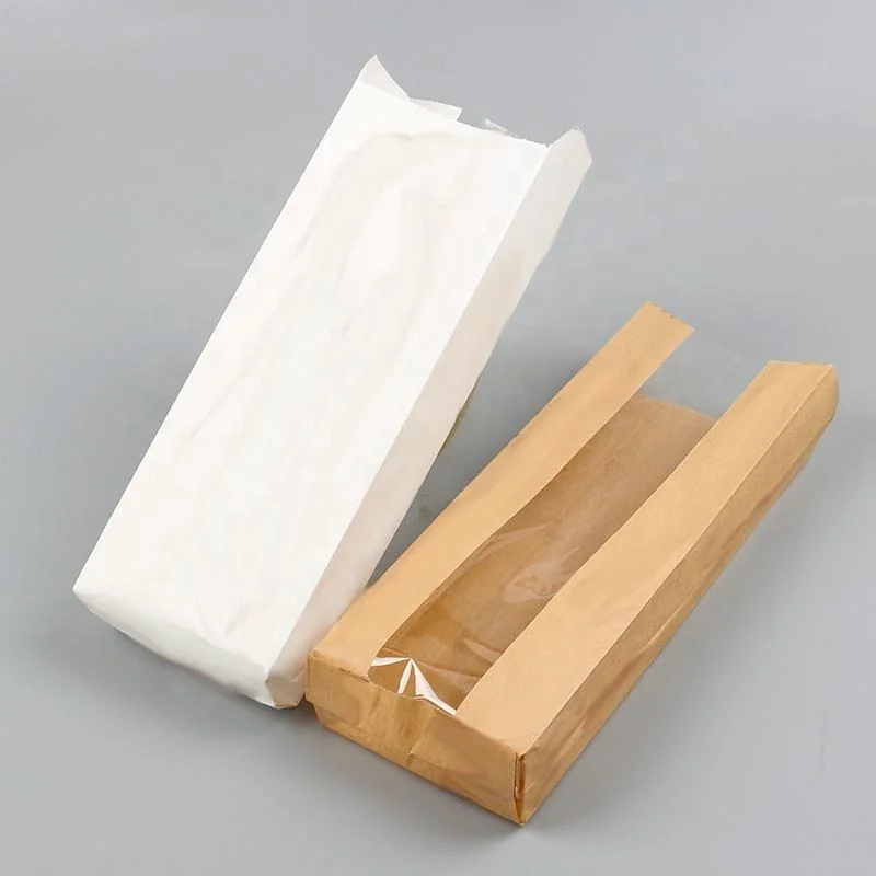 Long white and brown bakery paper bags with clear window panels