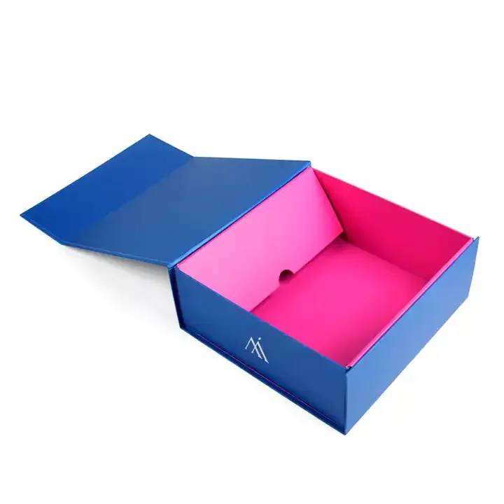 Open blue folding gift box with a bright pink interior