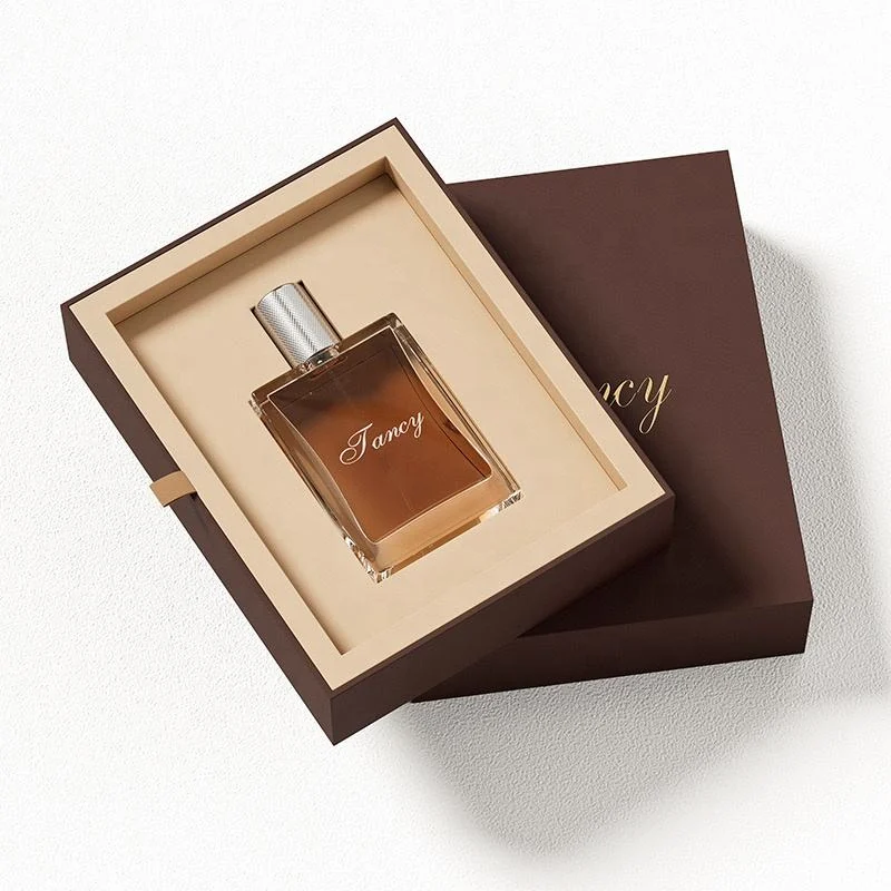 Brown perfume presentation box with a beige fitted insert and a perfume bottle