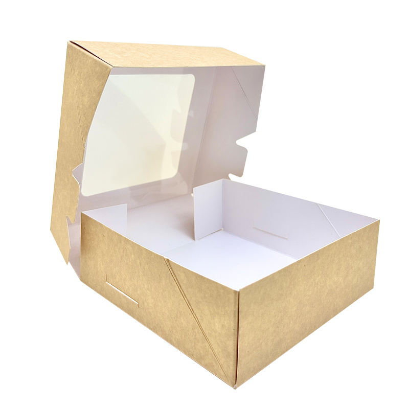 Open kraft bakery carton with a clear window and folded inner support