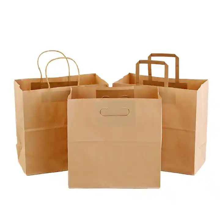 Three kraft shopping bags with twisted-paper, flat-paper and die-cut handle options