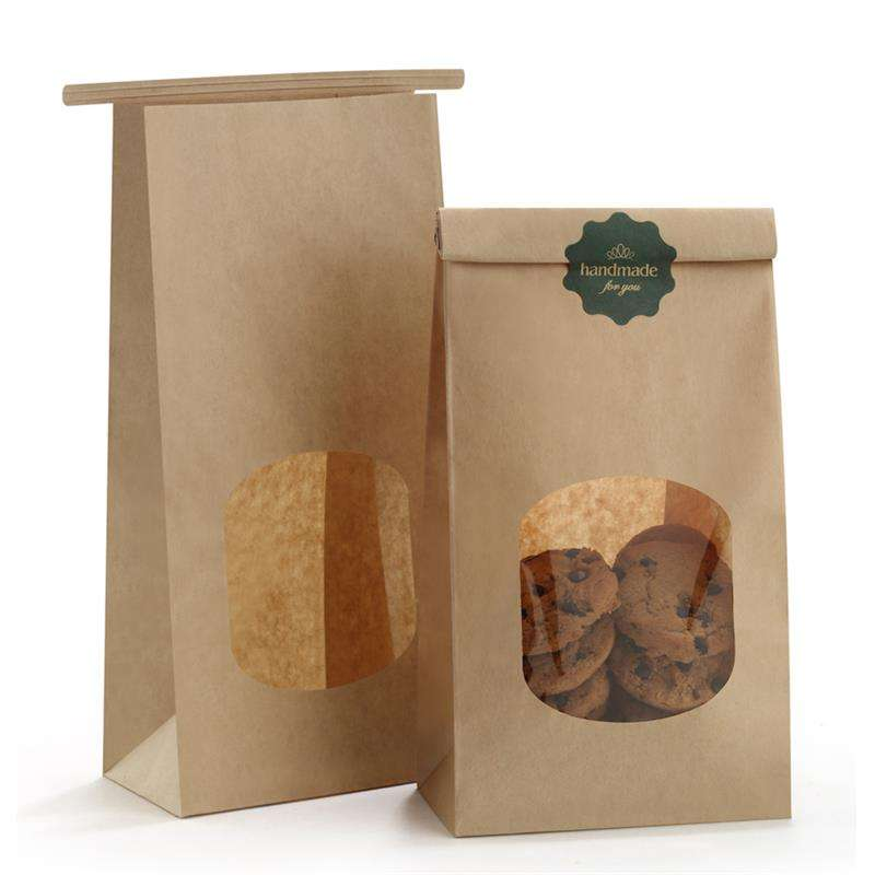 Two kraft paper bags with folded tin-tie closures and clear product windows