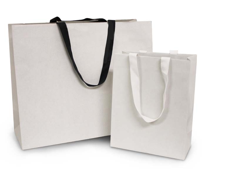 Two white paper gift bags with black and white woven handles