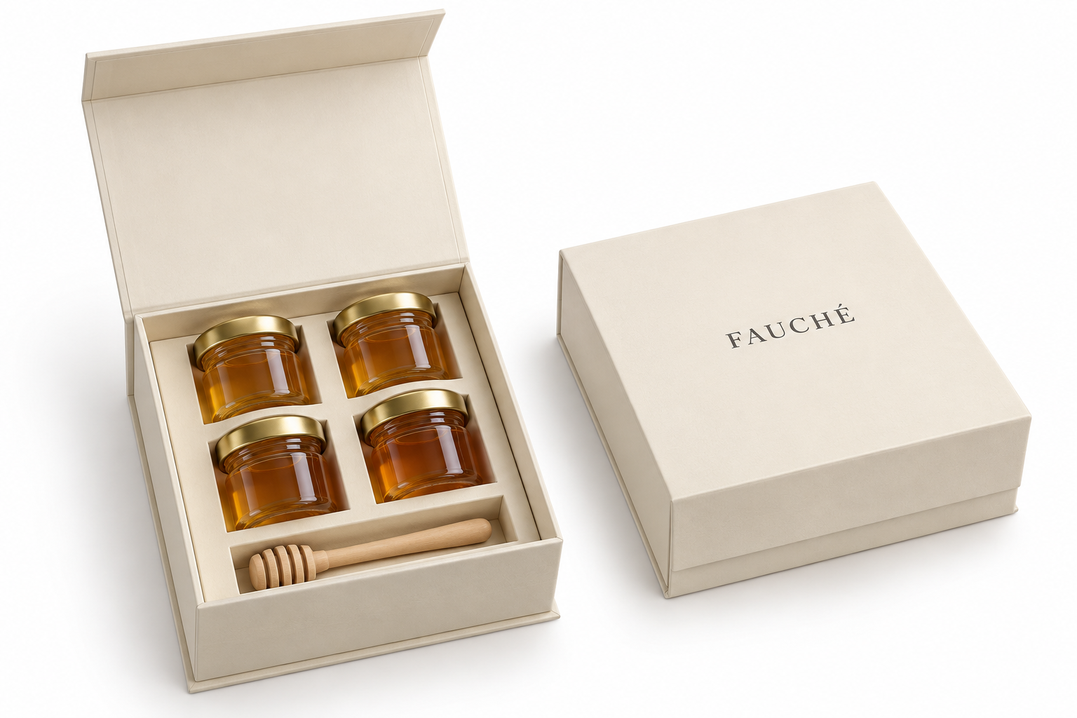 Open cream gift box with four glass jars and a wooden dipper beside a closed matching box