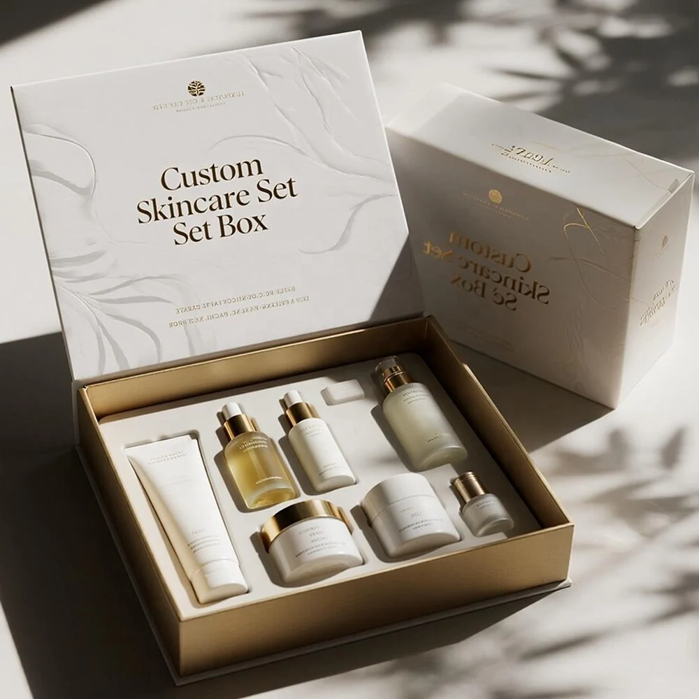 Open cream skincare presentation box with gold-toned inserts and cosmetic bottles