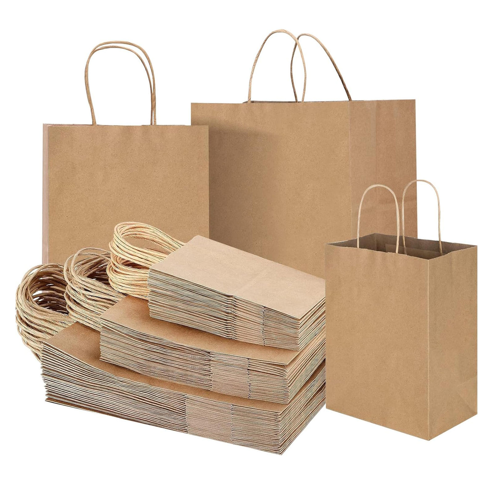 Brown kraft paper bags with twisted paper handles, shown standing and packed flat