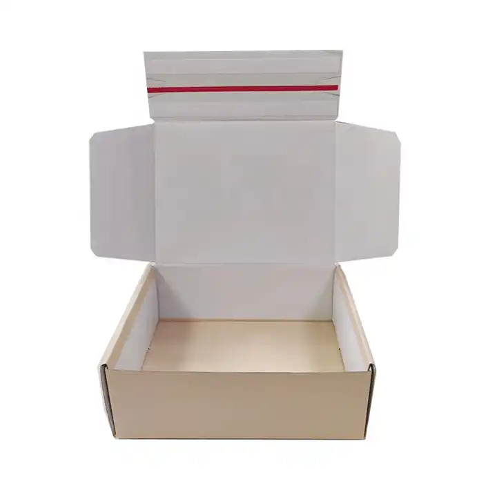 Open corrugated mailer showing closure-strip areas on its lid
