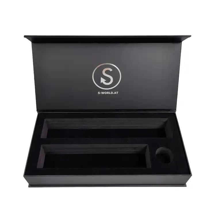 Open black cosmetic presentation box with fitted insert