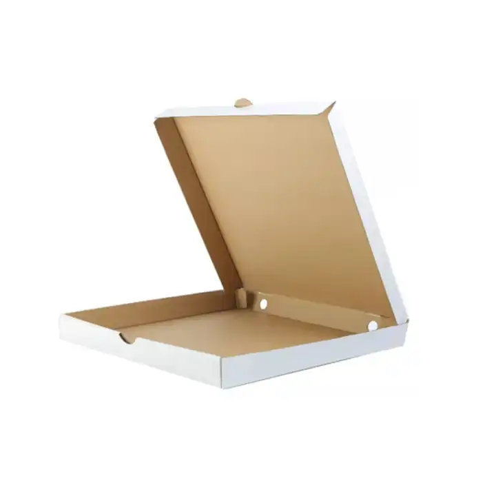Open white food carton with kraft-colored inside panels, lid and side locking tabs