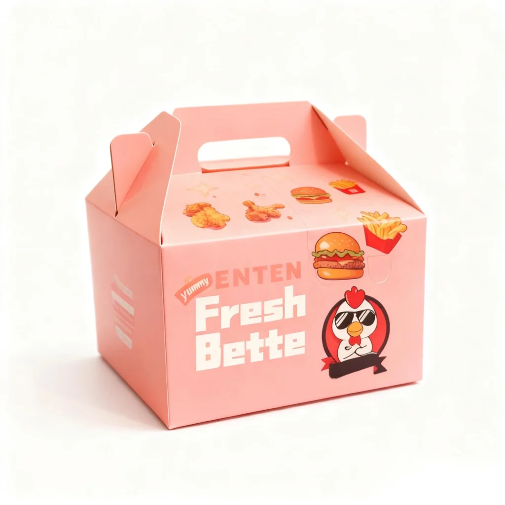 Pink printed takeaway food carton with a carry handle and illustrated food graphics