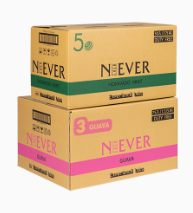 Two stacked kraft corrugated shipping boxes with green and pink printed bands